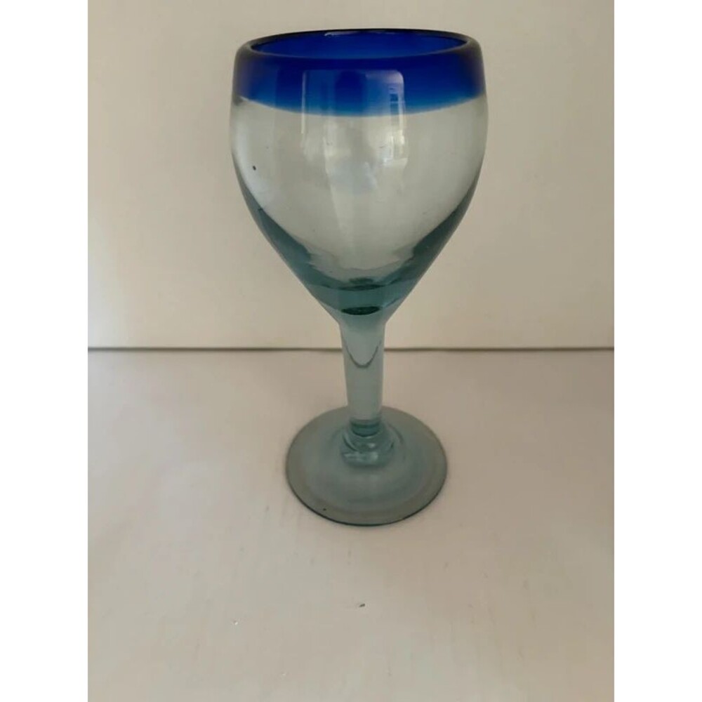 Vintage Mexican Hand Blown Wine Glass Goblet Cobalt Blue Rim